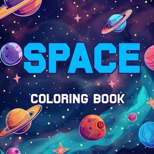 Colorful children's space-themed coloring book cover featuring planets and stars. Text reads, "Space Coloring Book for Kids 4-8.