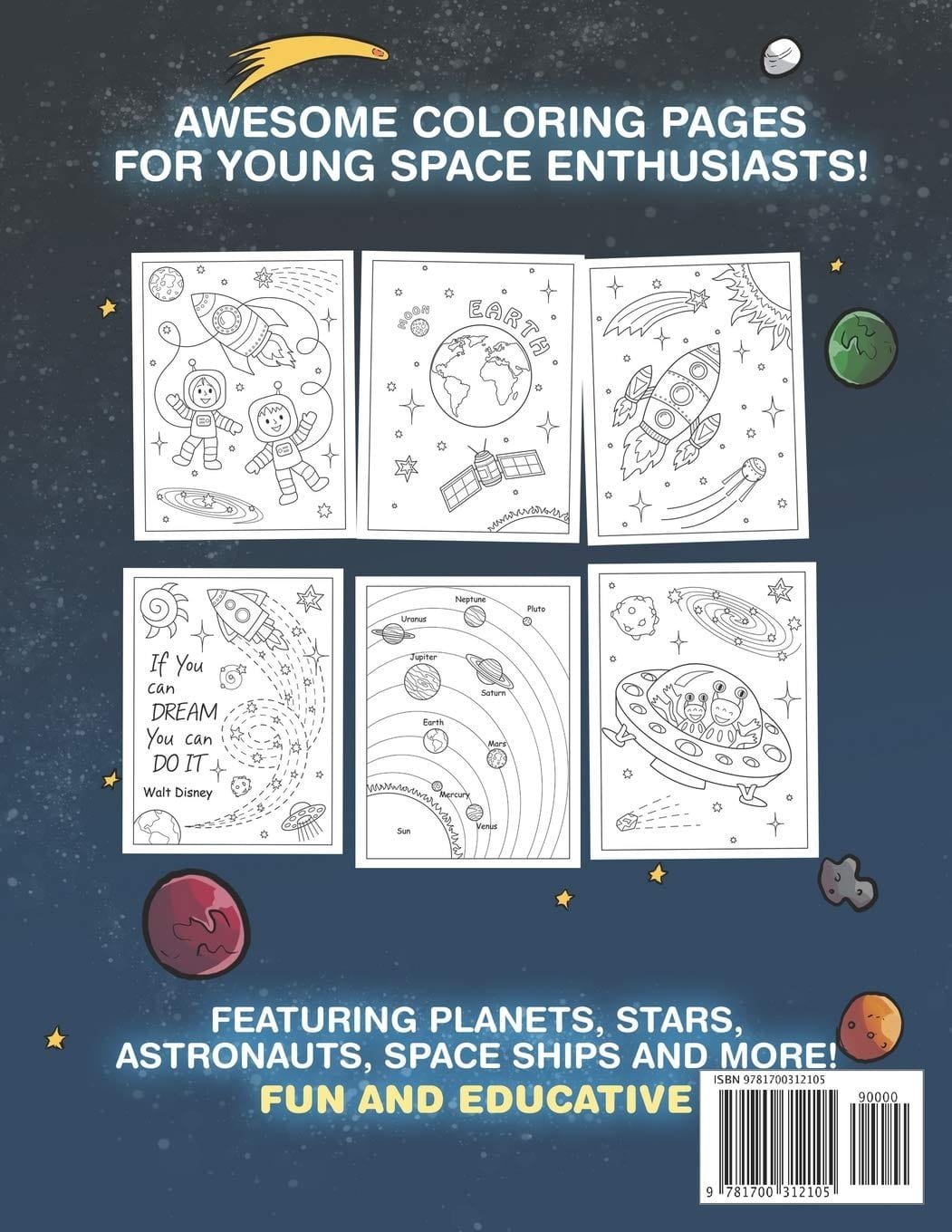 Space-themed coloring book cover featuring black-and-white drawings of planets, astronauts, rockets, and stars. Text highlights educational and fun activities for young space enthusiasts.