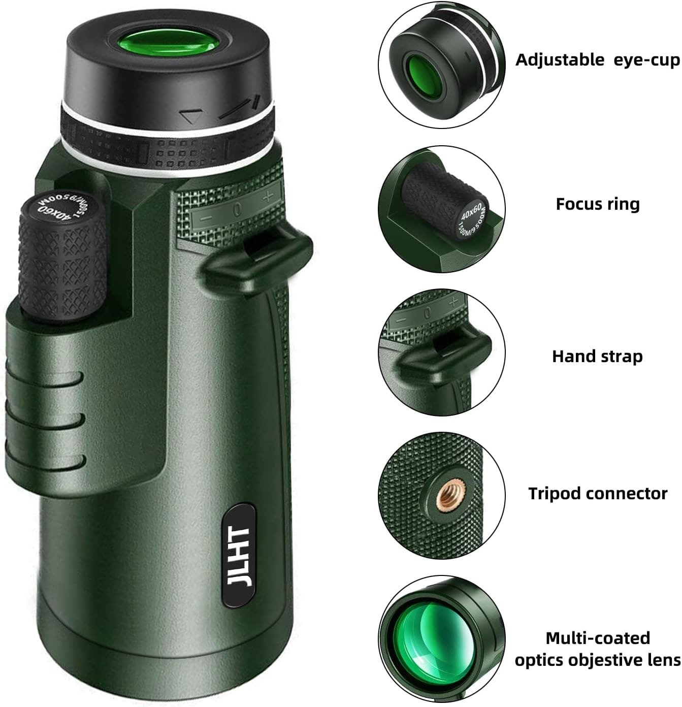 Green monocular with adjustable eye-cup, focus ring, hand strap, tripod connector, and multi-coated optics objective lens.