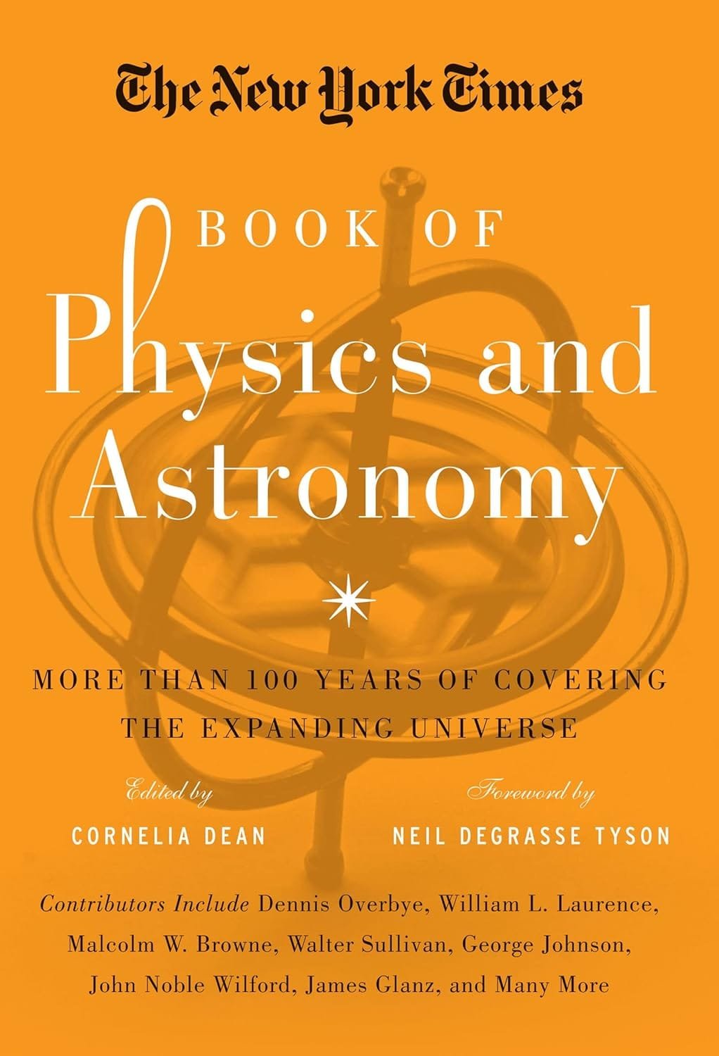 Cover of "The New York Times Book of Physics and Astronomy" featuring a gyroscope design, edited by Cornelia Dean, with a foreword by Neil deGrasse Tyson.