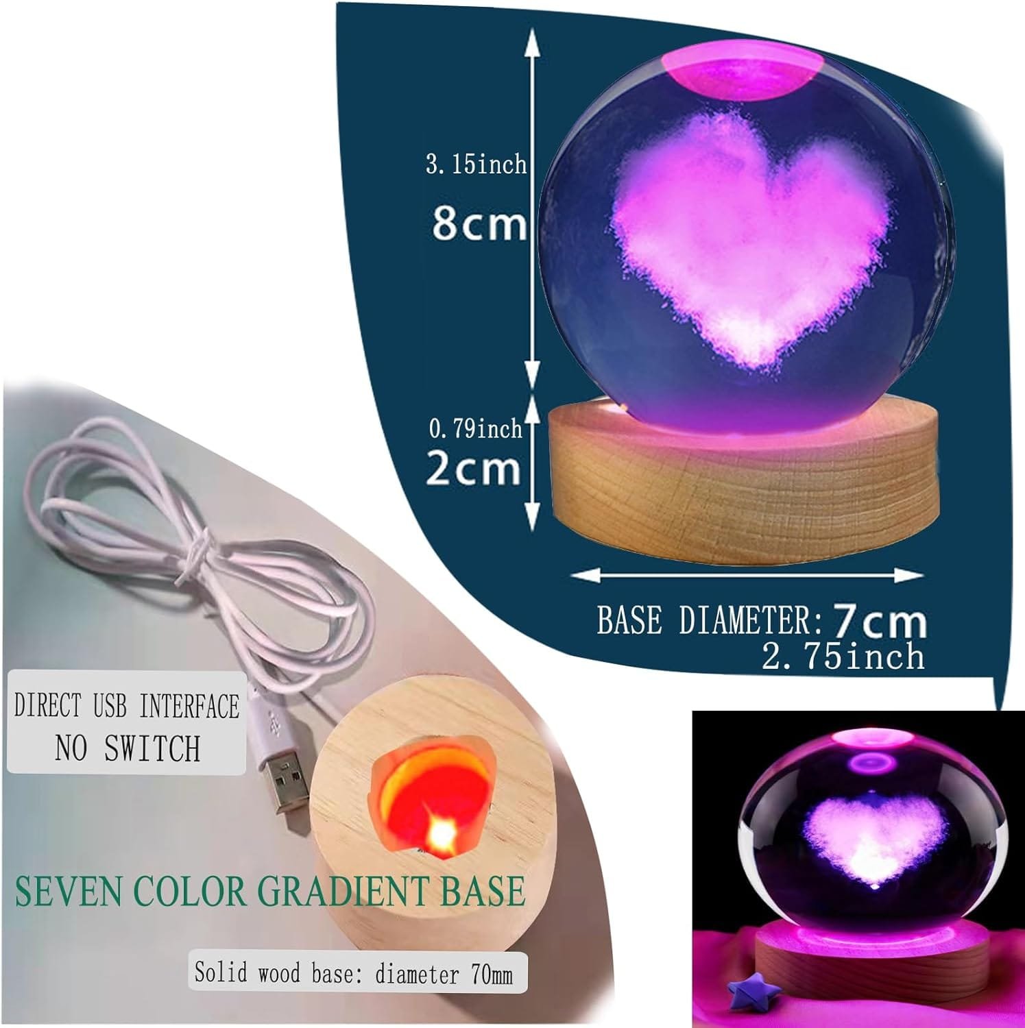 A glowing heart-shaped decor item sits on a wooden base, emitting purple and pink light. The base has USB connectivity and offers seven color options.