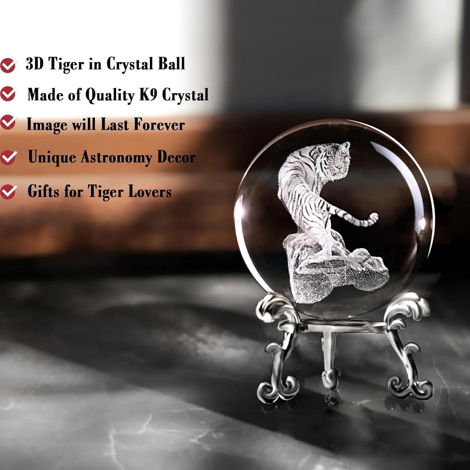 Crystal ball with a 3D tiger on a decorative stand, surrounded by text listing features: made of K9 crystal, lasting image, unique decor, and gift for tiger lovers.