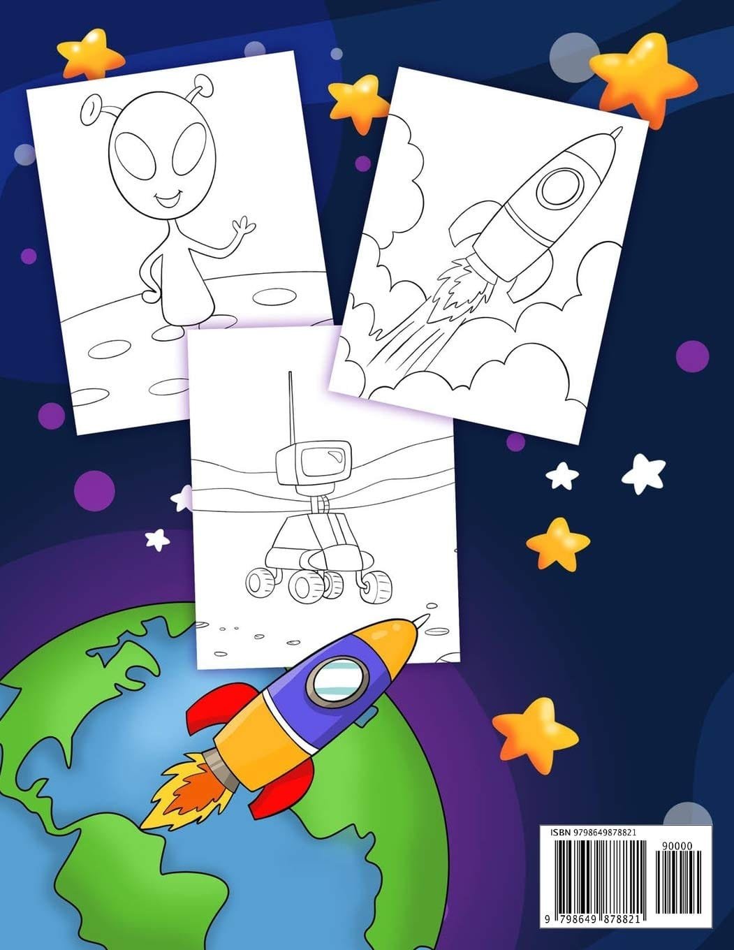 Coloring book cover with an alien, a rocket, and a rover in space-themed sketches. A cartoon rocket flies above a planet with stars in the background. ISBN and barcode at the bottom.