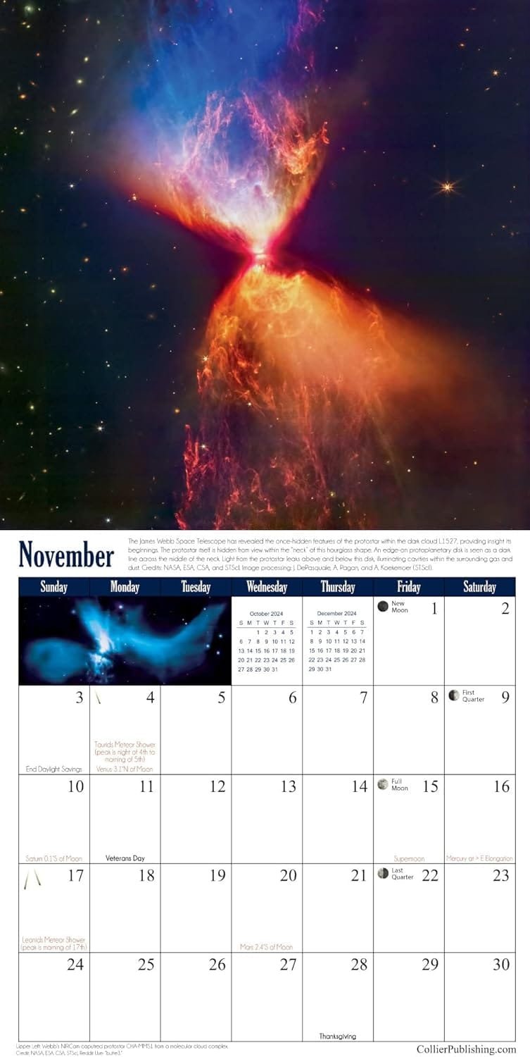 A November calendar with a space theme features the Twin Jet Nebula at the top. The calendar includes moon phases, sunrise/sunset times, and notes on significant days like Veterans Day.