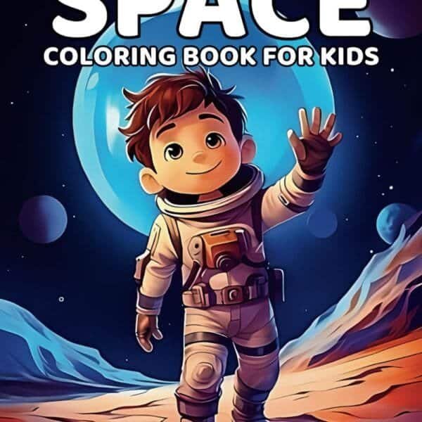 Illustrated cover of a kids' space-themed coloring book featuring a smiling child astronaut waving on a colorful alien landscape with planets in the background.