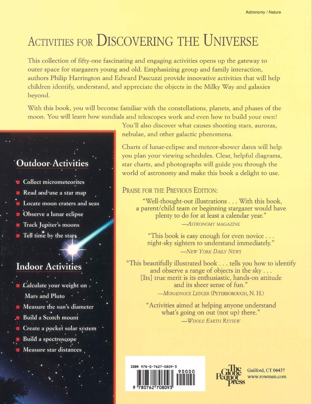 Back cover of a book titled "Activities for Discovering the Universe" featuring a summary, list of outdoor activities, and praise from "Whole Earth Review.