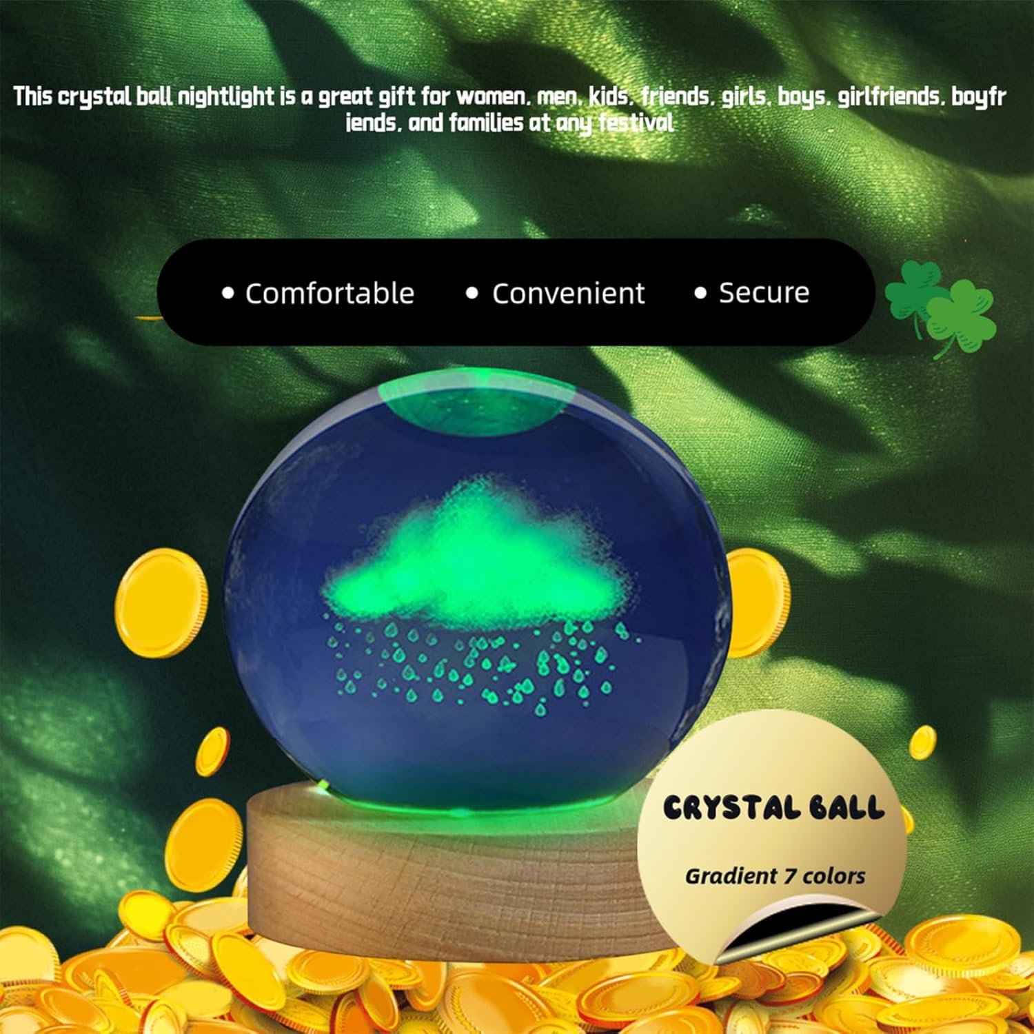 A glowing crystal ball lamp on a wooden base with gold coins around it, advertised as comfortable, convenient, and secure.