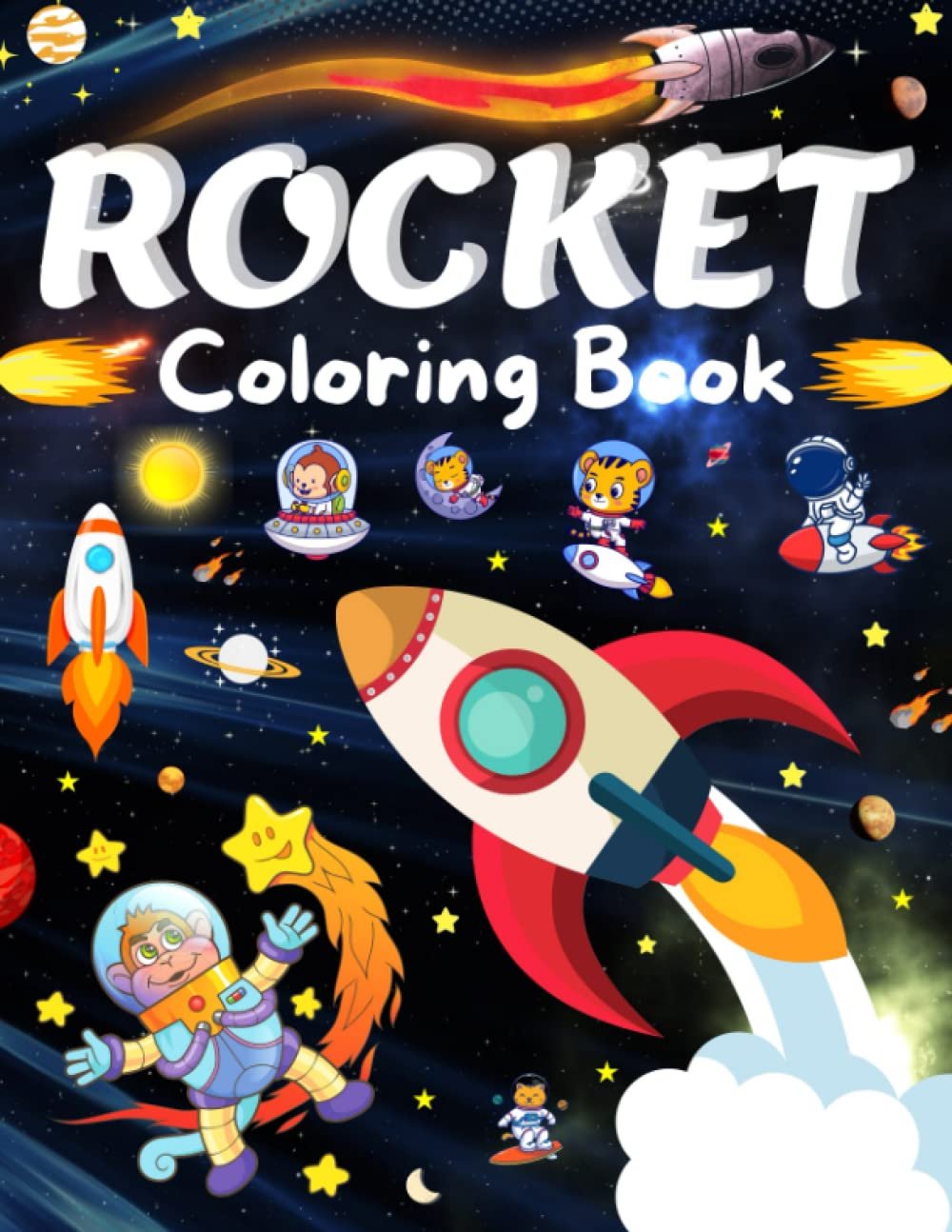 Colorful cartoon rocket-themed cover of a coloring book with astronauts and planets in space.