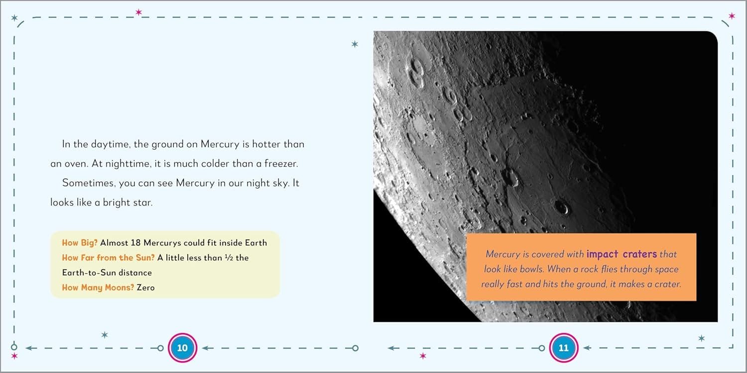 A close-up of Mercury's cratered surface with facts about its temperature and size comparison to Earth.