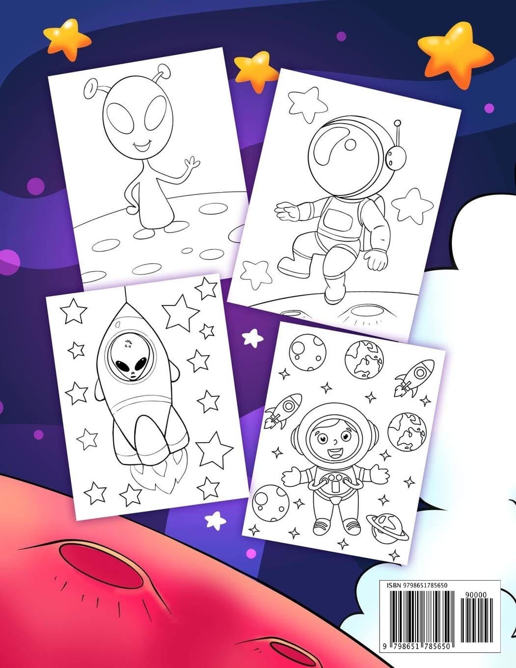 Four coloring pages featuring two aliens and two astronauts, surrounded by stars and planets, set against a space-themed background.