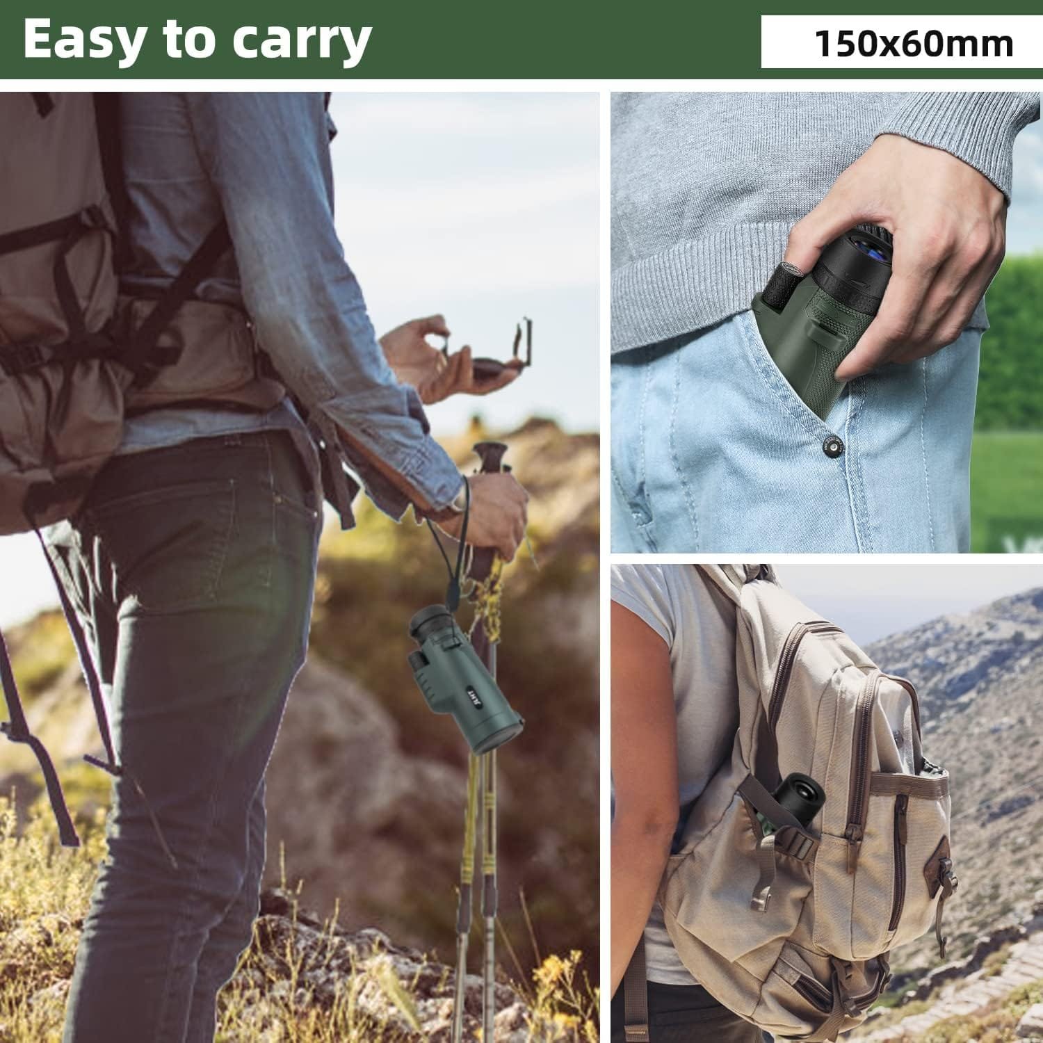 Portable monocular being used in the outdoors, shown in a person's hand, pocket, and backpack. Text reads "Easy to carry". Dimensions are 150x60mm.