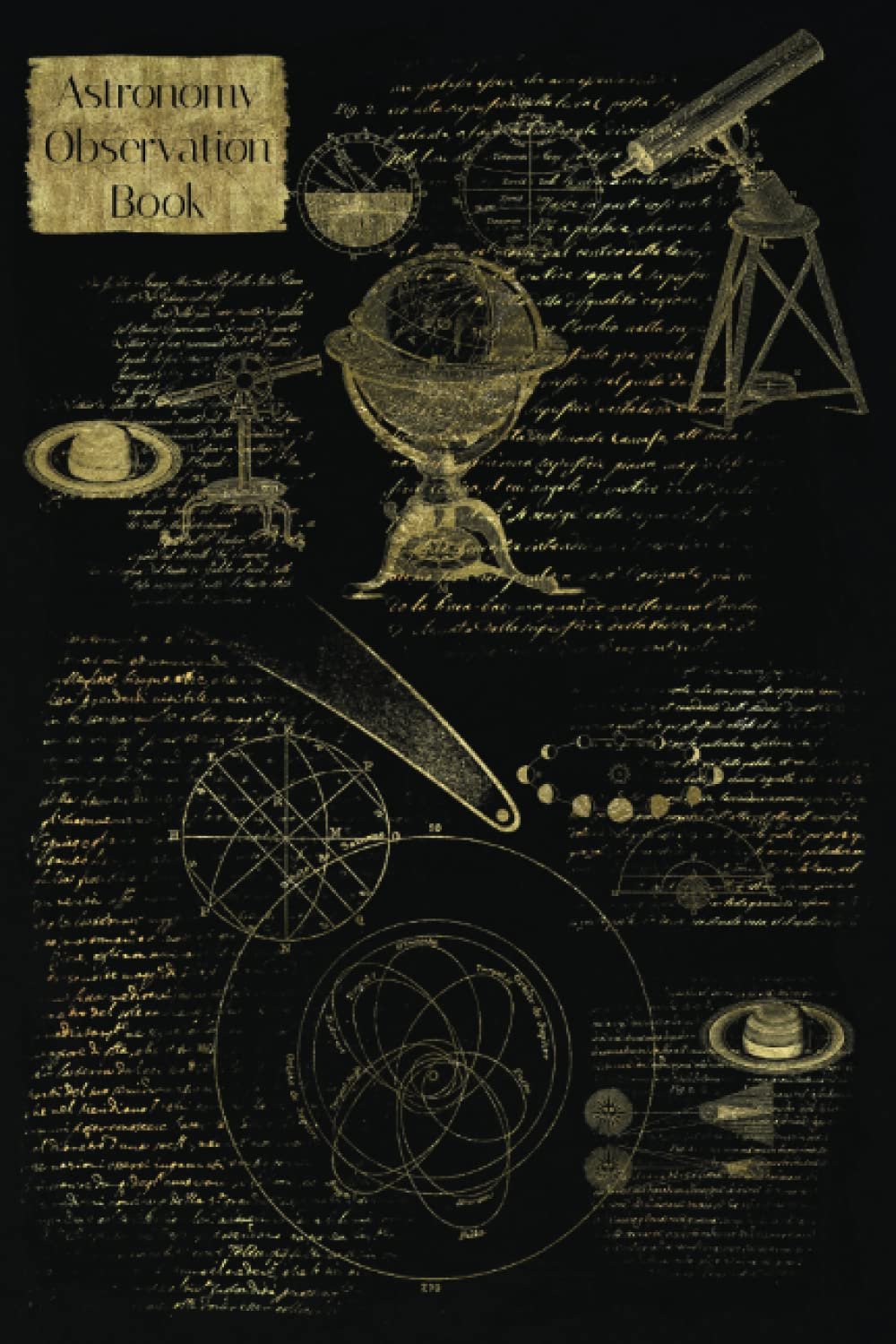 A vintage astronomy illustration features a telescope, planetary diagrams, and celestial calculations, titled "Astronomy Observation Book.