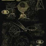 Illustration of an astronomy observation book page featuring a telescope, celestial diagrams, planetary orbits, and handwritten notes in a vintage style.