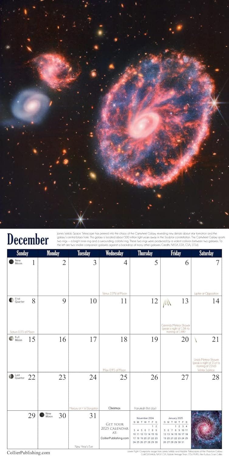 Calendar page for December showcasing the Cartwheel Galaxy. Includes December dates with holidays like Christmas and New Year's Eve, and a note about downloading a 2023 calendar.