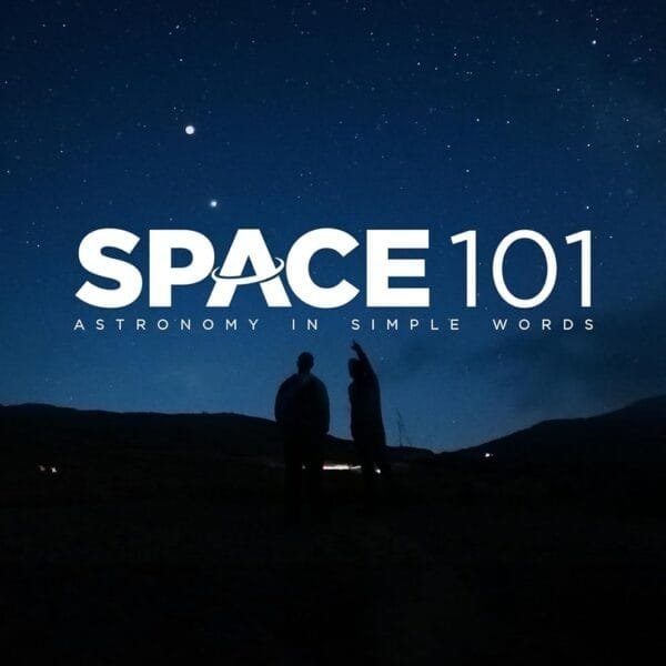 Cover of "Space 101: Astronomy in Simple Words" showing two people silhouetted against a night sky filled with stars.