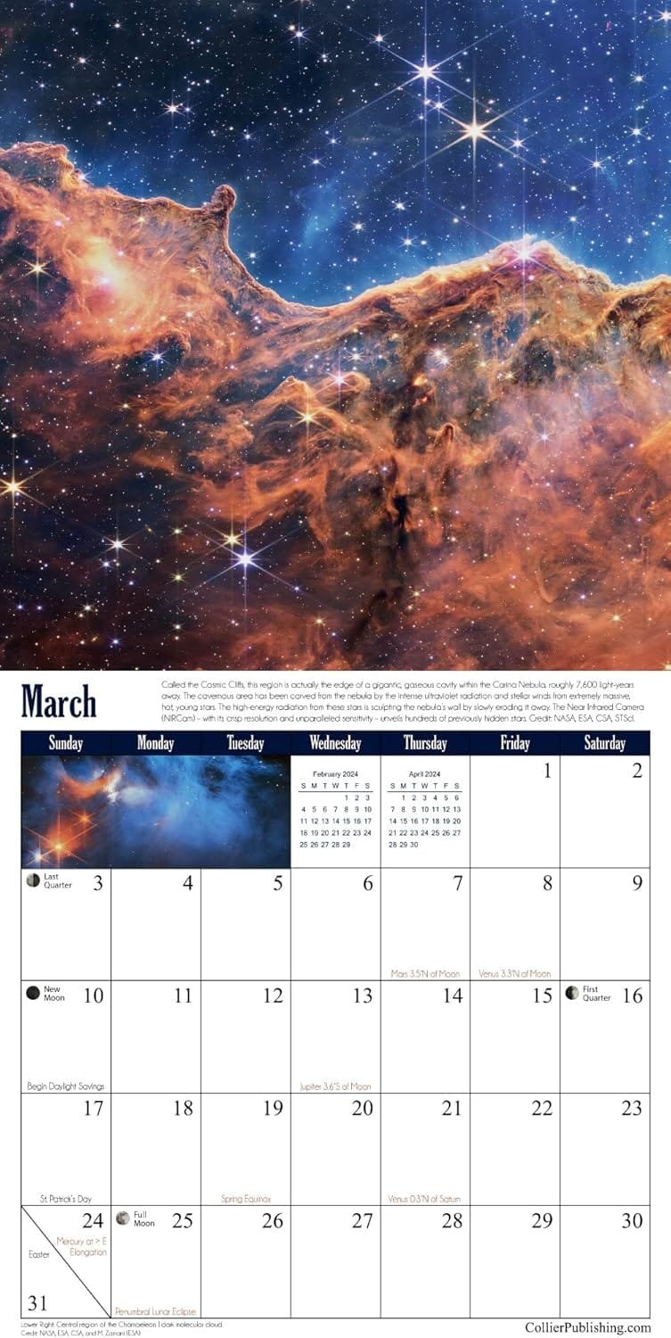 A calendar page for March featuring an astronomical image of a nebula. Events include Equinox and Daylight Saving Time.