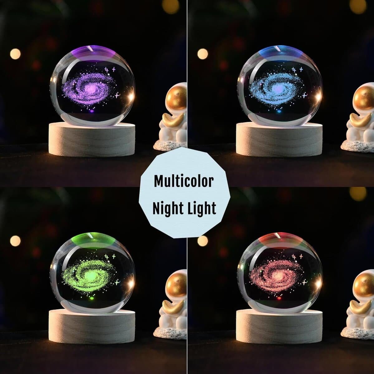 A multicolor night light with a galaxy design, shown in four colors: purple, blue, green, and red.