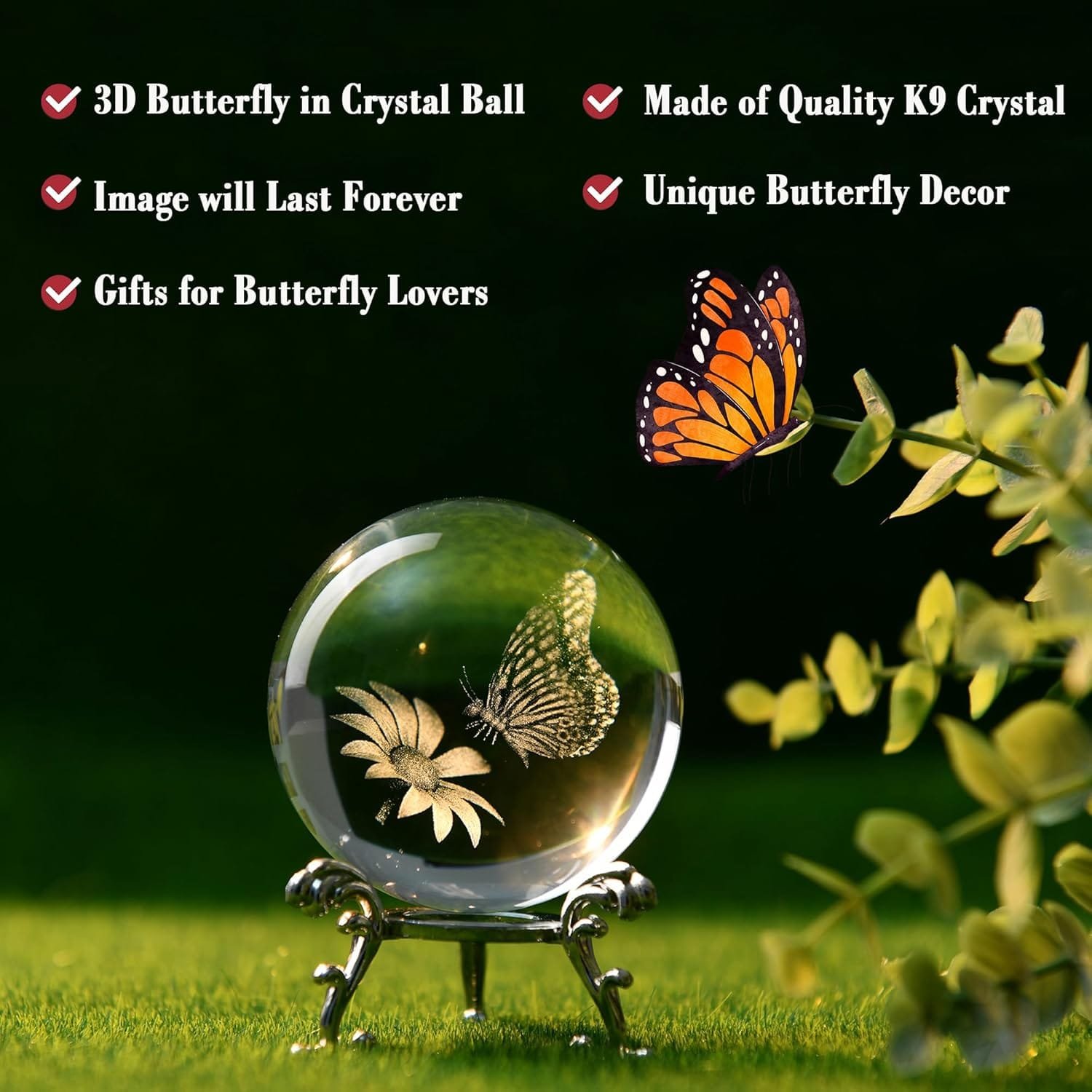 Crystal sphere with 3D butterfly design on a stand, surrounded by greenery and a real butterfly, with text highlighting features and gifts for butterfly lovers.