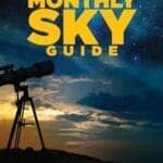 Cover of "The Monthly Sky Guide" 10th Edition by Ian Ridpath and Wil Tirion, featuring a telescope silhouette against a starry night sky with yellow text.