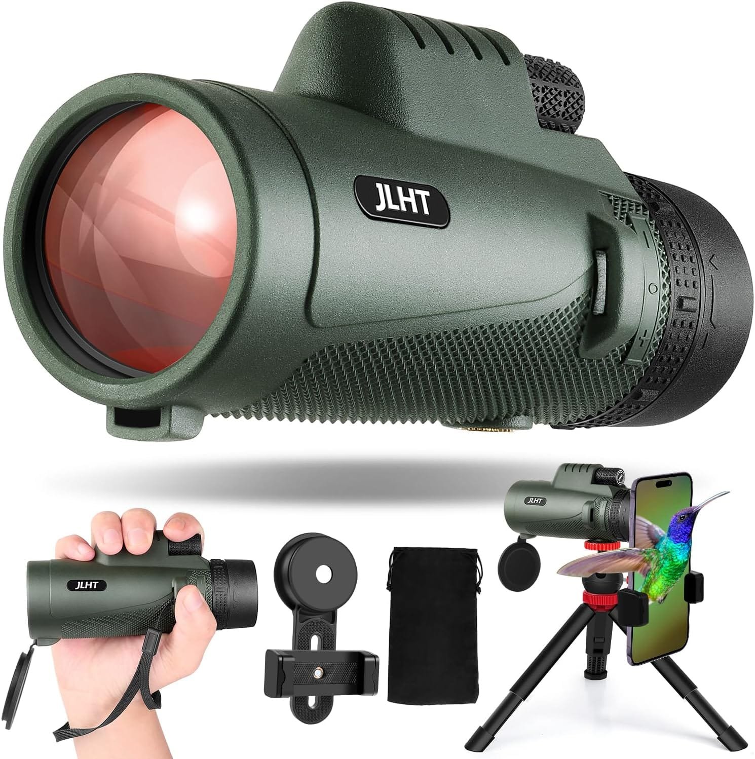 Green monocular with phone attachment, tripod, lens covers, carrying case, and a smartphone displaying a hummingbird image.