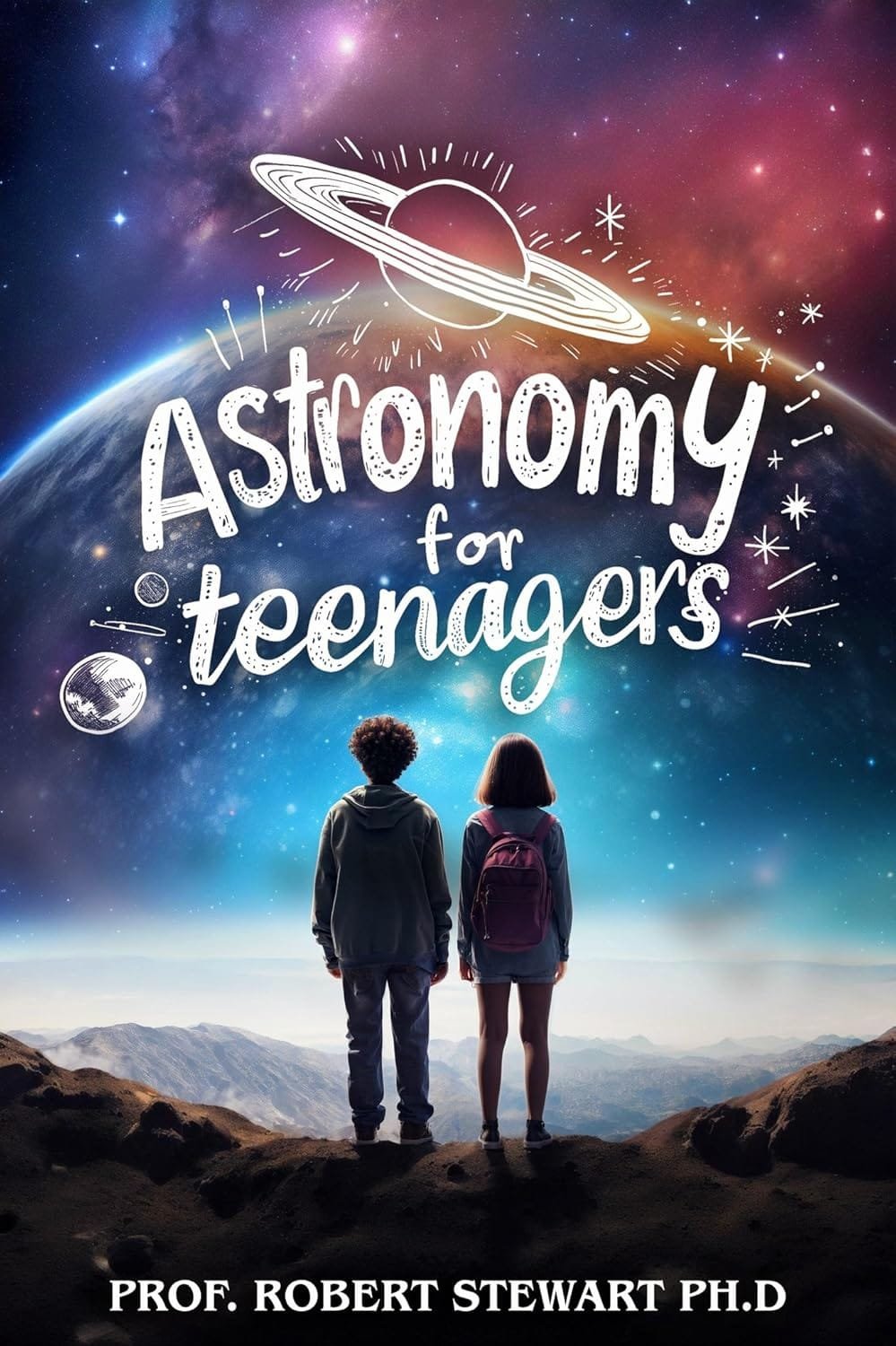 Two teenagers stand on a hilltop looking at a planet in space. Text reads: "Astronomy for Teenagers" by Prof. Robert Stewart Ph.D.