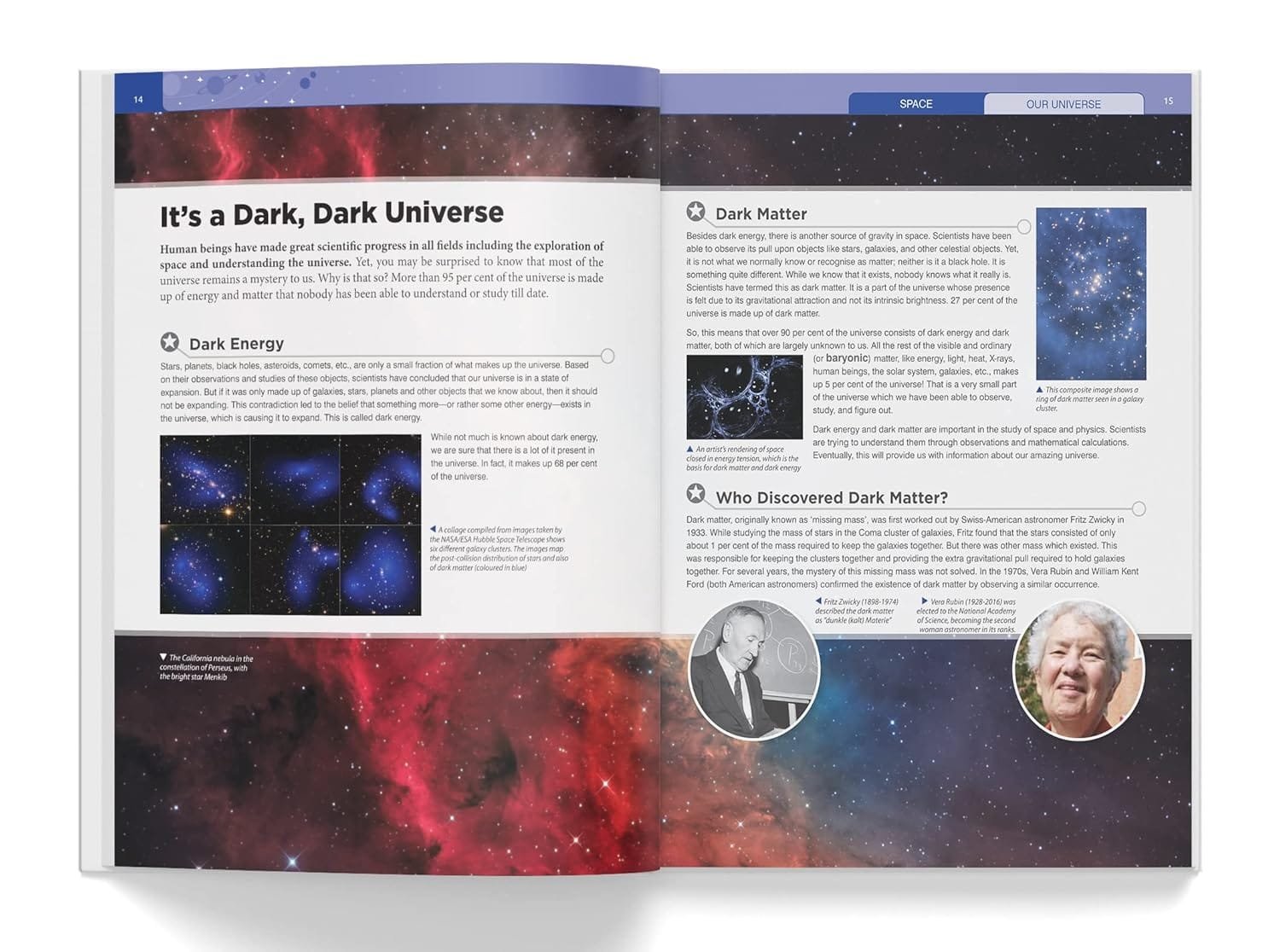 Open book on space featuring articles about dark matter and dark energy with images of galaxies and historical figures.