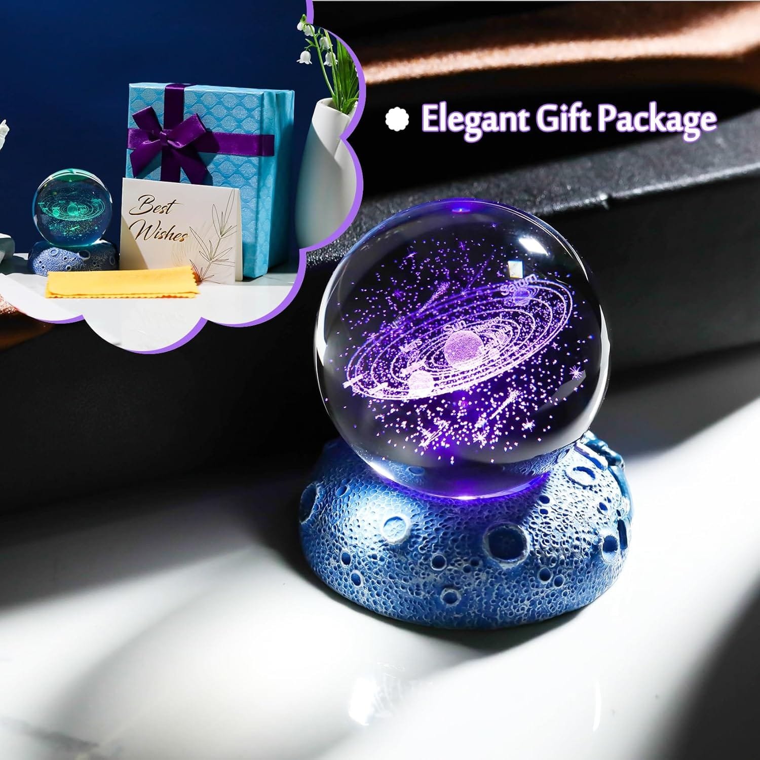 Explore the Universe: The 3D Solar System Crystal Ball 75 Ornalrist 2.36'' 3D Solar System Ball with Space LED Lighting Base