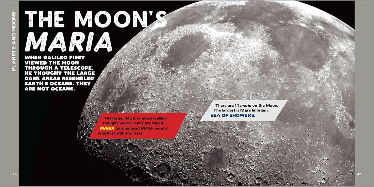 Close-up image of the moon with text explaining that its dark areas, resembling seas, are called maria. It mentions there are 14 marias, with the largest being Mare Imbrium, or the Sea of Showers.