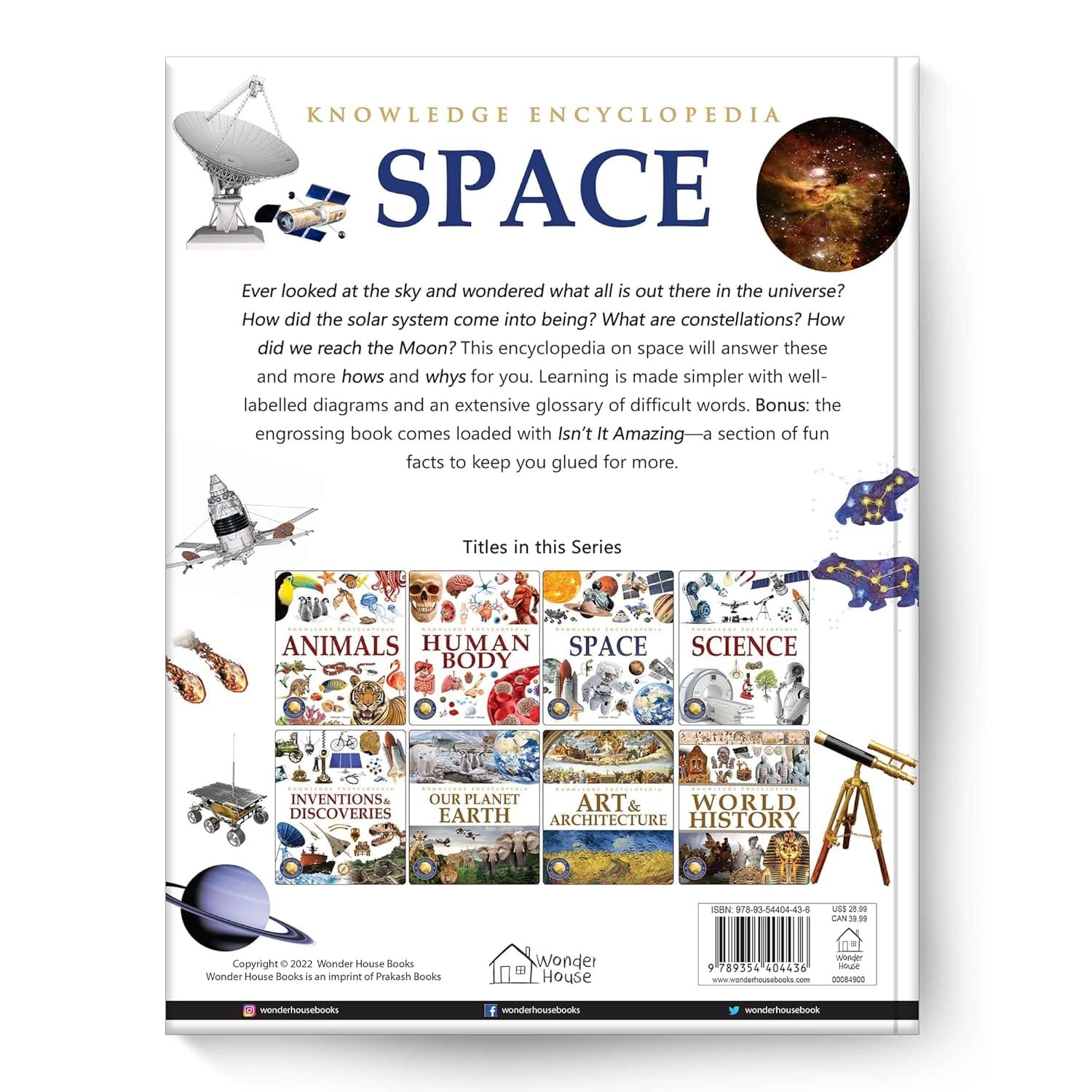 Cover of "Knowledge Encyclopedia: Space" featuring a telescope, solar system graphic, and a description highlighting engaging content about the universe. Includes book titles from the series below.