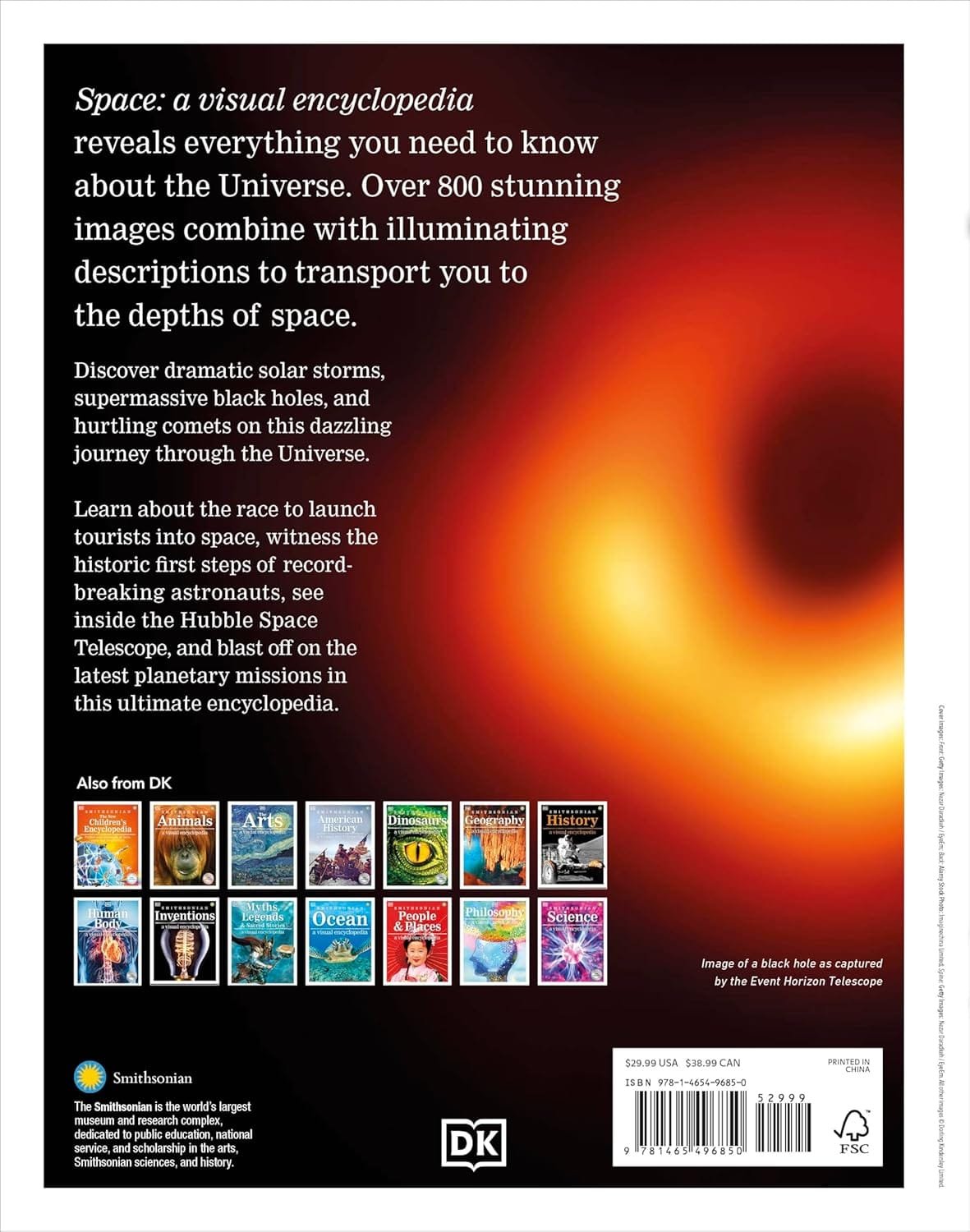 Back cover of "Space: a visual encyclopedia" featuring a synopsis about space exploration, images of other DK books, and logos of DK and Smithsonian.