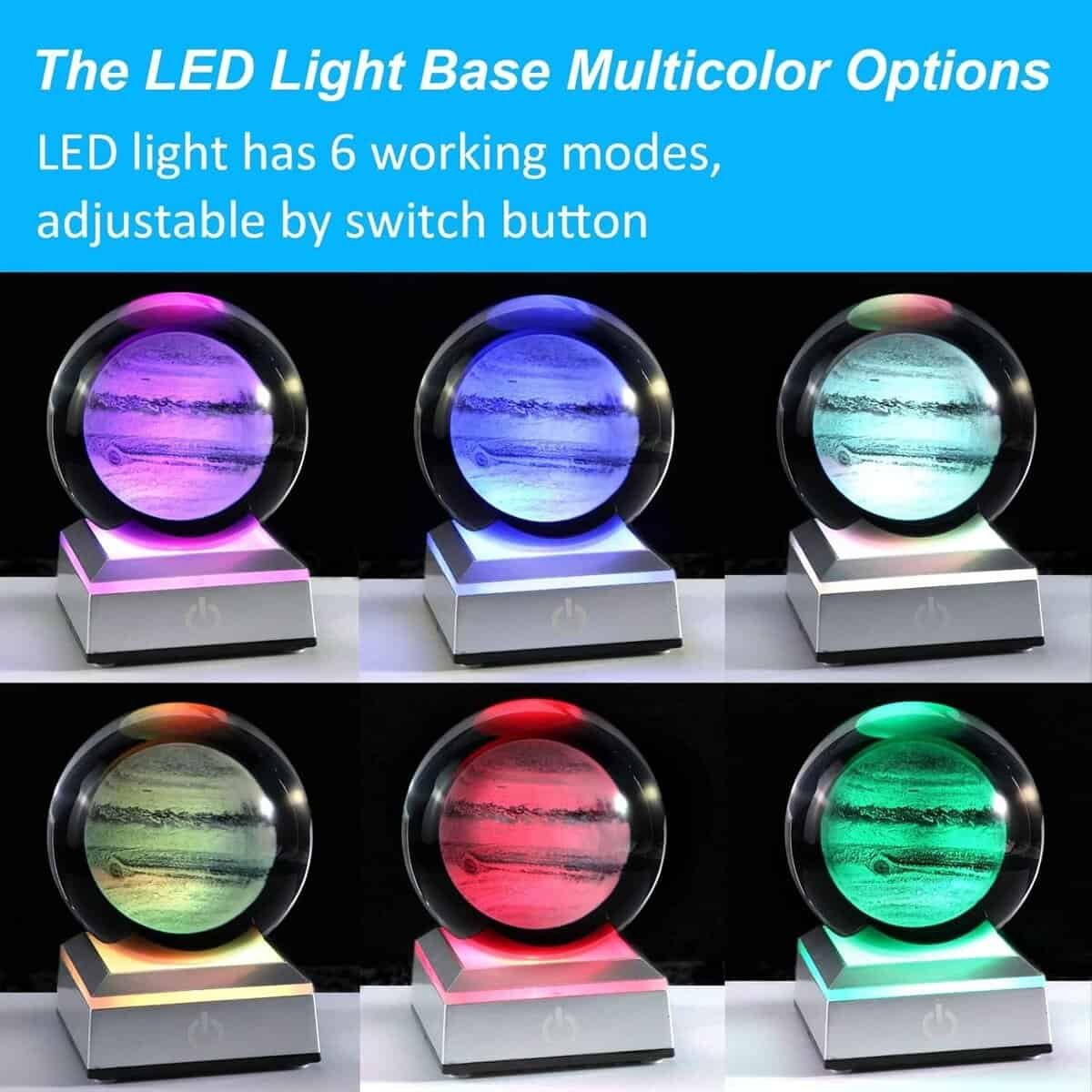 A series of LED light bases displaying a spherical object with multicolor options, highlighting six different lighting modes.