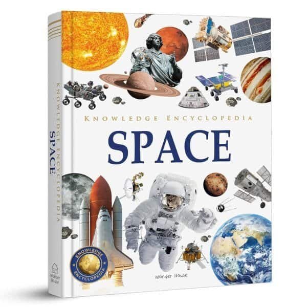 Cover of "Knowledge Encyclopedia: Space" featuring images of planets, spacecraft, an astronaut, and various space elements against a white background.