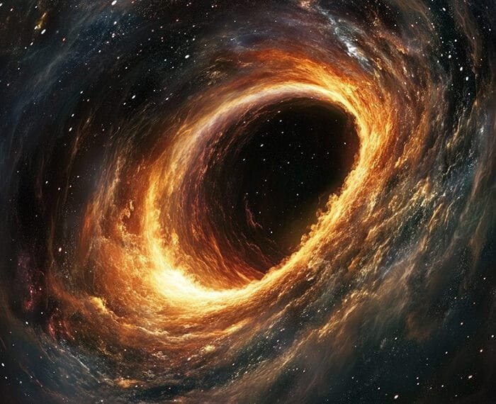 A swirling, fiery depiction of a dark hole in space, surrounded by glowing gases and cosmic dust with a dark central void.