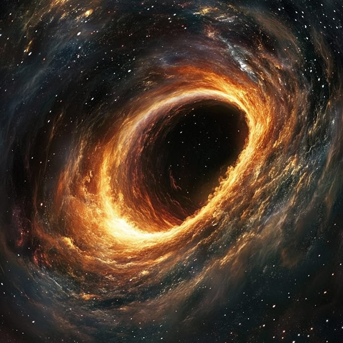 A swirling, fiery depiction of a dark hole in space, surrounded by glowing gases and cosmic dust with a dark central void.