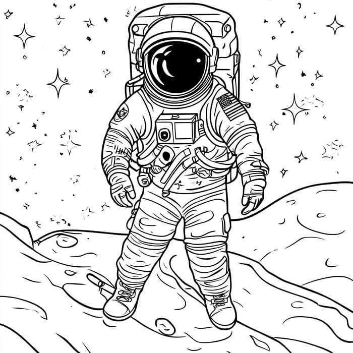 A line drawing of an astronaut standing on a rocky surface in space with stars in the background.