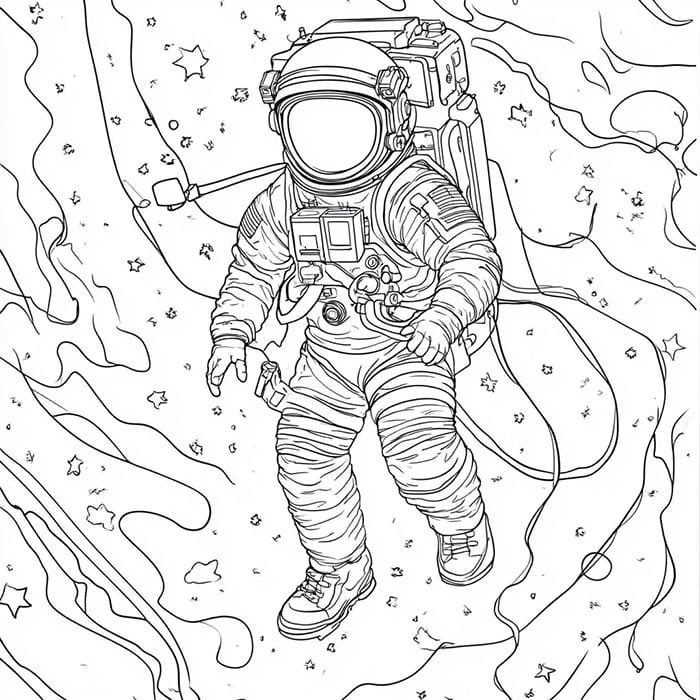 Line drawing of an astronaut floating in space, surrounded by swirling lines and stars.