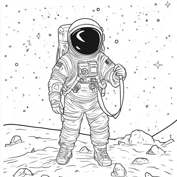 Illustration of an astronaut in a spacesuit standing on a rocky surface with a starry sky in the background.