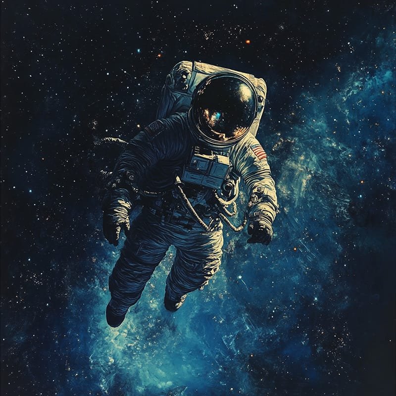 An astronaut in a spacesuit floats in the darkness of space, surrounded by stars and a blue nebula, embodying the eerie stillness of being stuck in the infinite expanse.