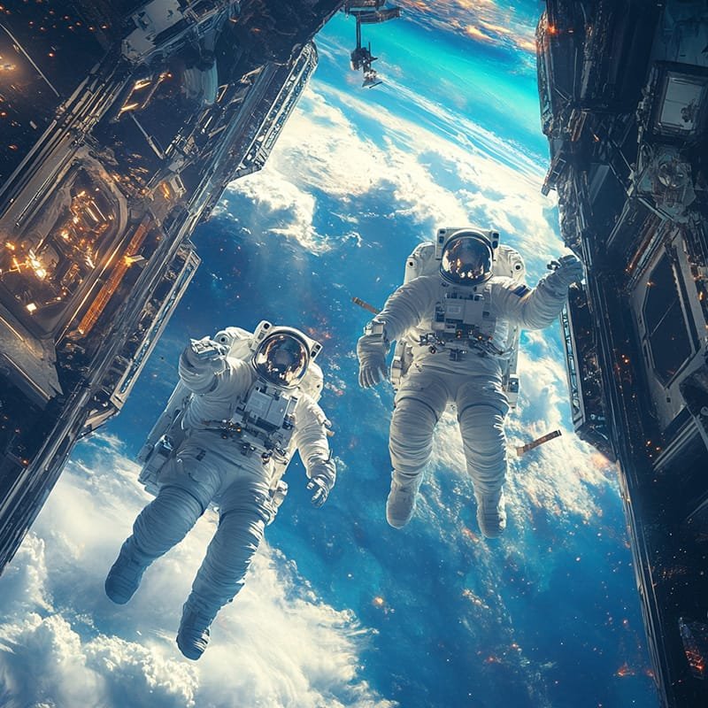 Two astronauts, seemingly stuck in space, float serenely outside their spacecraft with the vast, awe-inspiring expanse of Earth as a breathtaking backdrop.