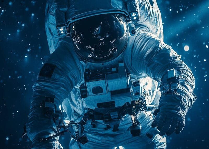 An astronaut, seemingly stuck in space, floats serenely in their spacesuit, surrounded by a starry expanse and bathed in ethereal blue light.