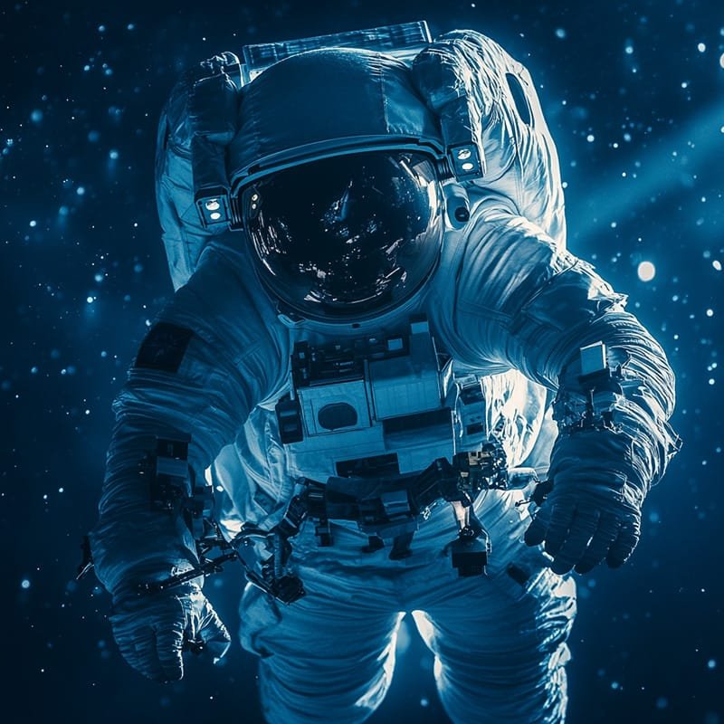 An astronaut, seemingly stuck in space, floats serenely in their spacesuit, surrounded by a starry expanse and bathed in ethereal blue light.