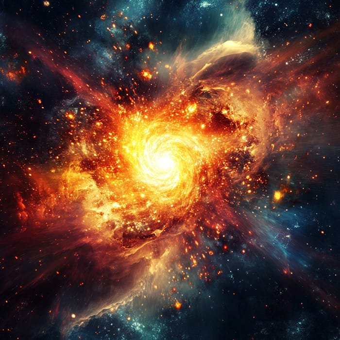 A vibrant cosmic explosion reminiscent of the Big Bang unfolds with bright orange and yellow colors at the center, surrounded by dark blue and black space, depicting a dynamic scene in the universe.