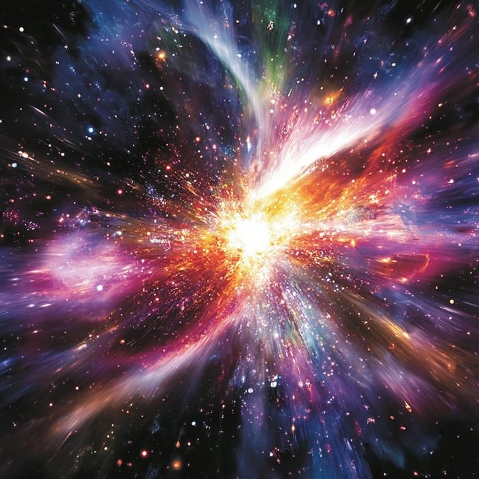 A colorful cosmic explosion resembling the Big Bang bursts forth with bright light at the center, surrounded by vibrant streaks of red, purple, and blue, evoking a supernova or abstract nebula in space.