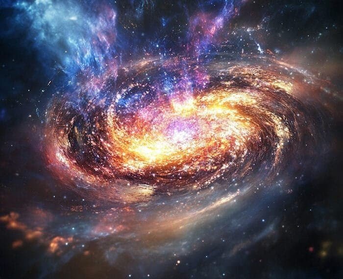 A vibrant spiral galaxy with glowing, swirling colors of blue, purple, and orange against a dark cosmic background, reminiscent of the awe-inspiring moments following the Big Bang.