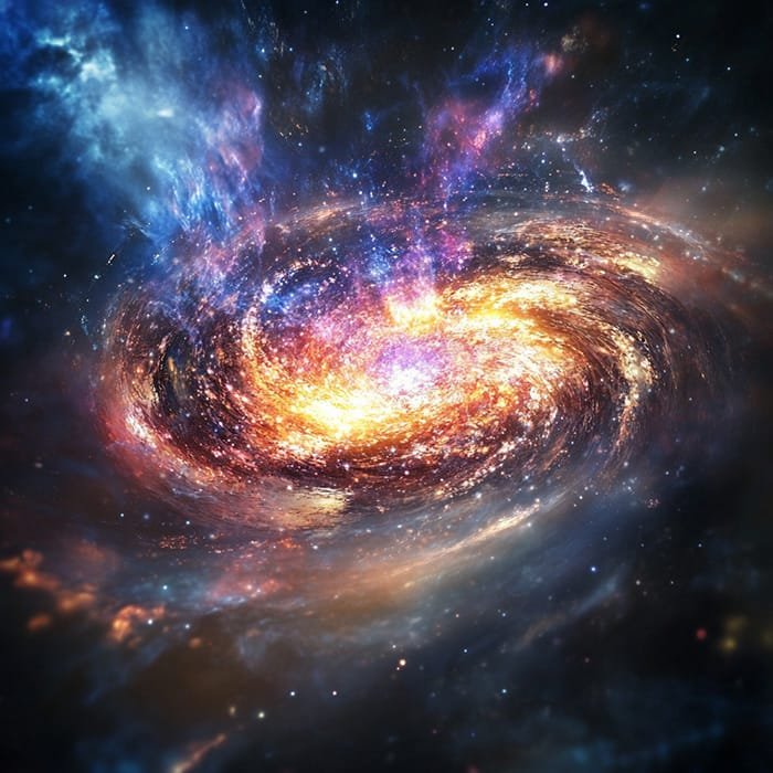 A vibrant spiral galaxy with glowing, swirling colors of blue, purple, and orange against a dark cosmic background, reminiscent of the awe-inspiring moments following the Big Bang.