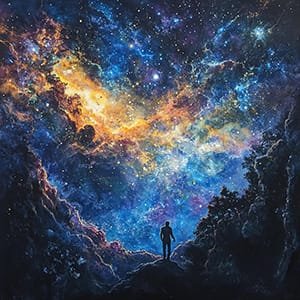 A person stands on a rocky outcrop, silhouetted against a vibrant, colorful cosmic sky filled with stars and nebulae, embracing the vast beauty of the universe.