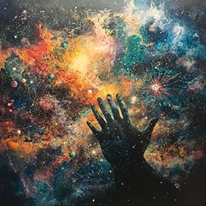 Silhouette of a hand reaching towards a vibrant, colorful universe filled with stars and nebulas in the background.