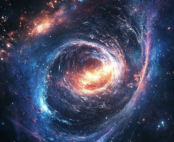A swirling vortex of colorful cosmic gas and stars, resembling cosmological particle creation in a galaxy far across the universe.