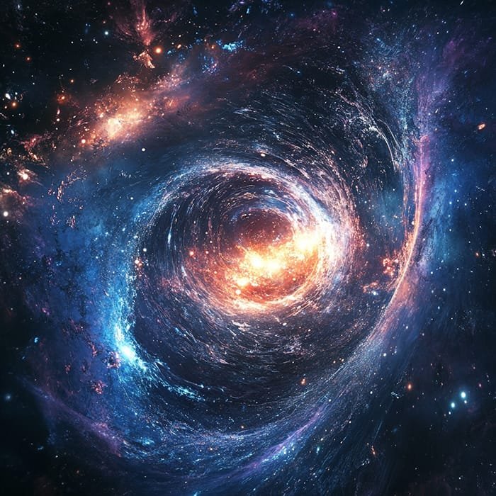 A swirling vortex of colorful cosmic gas and stars, resembling cosmological particle creation in a galaxy far across the universe.