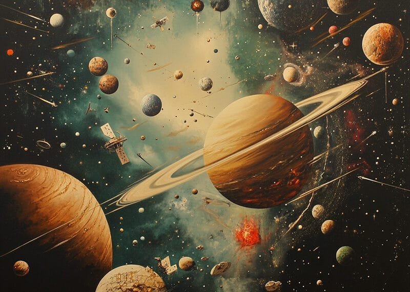 A vibrant portrayal showcases countless space objects, including planets, moons, and satellites drifting in the cosmos. At its heart lies a majestic ringed planet encircled by shimmering stars and cosmic clouds.